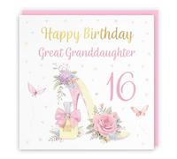 Hunts England - 16th Great Granddaughter High Heel And Perfume Birthday Card - Gold Foil - Milo's Gallery - Age 16 Butterflies, Flowers, Hearts Birthday Card For Great Granddaughter