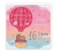 Hunts England - 16th Son And Daughter-in-Law Hot Air Balloon Anniversary Card - Cute Bears - Luxury 16th Anniversary Card For Son And Daughter-in-Law - Son And Daughter-in-Law 16th Anniversary Card