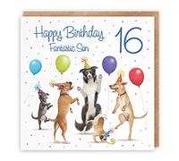 Hunts England 16th Son Birthday Card - Dancing Dogs - Fantastic Son - Age 16 - Boy's 16th Birthday Card - Milo's Gallery - Funny