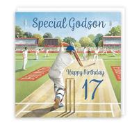 Hunts England - 17th Godson Cricket Birthday Card - Milo's Gallery - Age 17 Sport Fun Birthday Card For Godson - For 17 Year Old Cricket Fan - Age Seventeen
