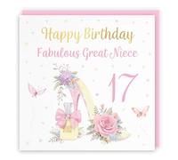 Hunts England - 17th Great Niece High Heel And Perfume Birthday Card - Gold Foil - Milo's Gallery - Age 17 Butterflies, Flowers, Hearts Pretty Birthday Card For Great Niece