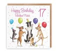 Hunts England 17th Niece Birthday Card - Dancing Dogs - Fabulous Niece - Age 17 - Girl's 17th Birthday Card - Milo's Gallery - Funny
