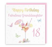 Hunts England - 18th Granddaughter Pink Cocktail And Butterflies Birthday Card - Gold Foil - Milo's Gallery - Age 18 Elegant Birthday Card For Granddaughter - Age Eighteen