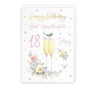 Hunts England - 18th Great Granddaughter Champagne Flutes Birthday Card - Gold Foil - Milo's Gallery - Age 18 Butterflies, Hearts, Flowers Birthday Card For Great Granddaughter - A5 Size