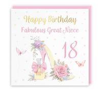 Hunts England - 18th Great Niece High Heel And Perfume Birthday Card - Gold Foil - Milo's Gallery - Age 18 Butterflies, Flowers, Hearts Pretty Birthday Card For Great Niece