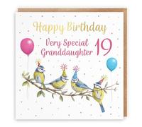 Hunts England - 19th Granddaughter Blue Tits Birthday Card - Gold Foil - Milo's Gallery - Age 19 Birds Funny Birthday Card For Granddaughter - For 19 Year Old - Age Nineteen