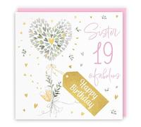 Hunts England - 19th Sister Contemporary Hearts Birthday Card - Gold Foil - Milo's Gallery - Age 19 Champagne, Hearts Pretty Birthday Card For Sister - Fabulous Pink Envelope