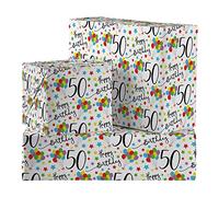 Hunts England - 2 Sheets Of 50th Birthday Luxury Wrapping Paper - Includes 2 Gift Tags - Age 50 Folded Gift Wrap For Him/Her - Iconic Collection - Colourful Age Fifty Gift Wrap For Men/Women