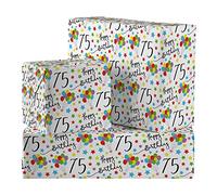 Hunts England - 2 Sheets Of 75th Birthday Fun Wrapping Paper - Includes 2 Gift Tags - Age 75 Folded Gift Wrap For Him/Her - Iconic Collection - Colourful Age Seventy Five Gift Wrap