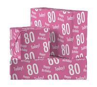 Hunts England - 2 Sheets Of 80th Birthday Pink Luxury Wrapping Paper For Her - Includes 2 Gift Tags - Age 80 Female Folded Gift Wrap - Urban Colour Collection - Age Eighty Gift Wrap For Women