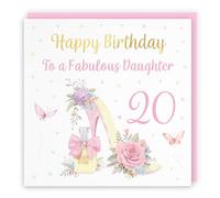 Hunts England - 20th Daughter High Heel And Perfume Birthday Card - Gold Foil - Milo's Gallery - Age 20 Butterflies, Flowers, Hearts Pretty Birthday Card For Daughter - Age Twenty