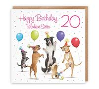 Hunts England 20th Sister Birthday Card - Dancing Dogs - Fabulous Sister - Age 20 - Women's 20th Birthday Card - Milo's Gallery - Funny