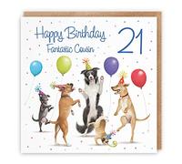 Hunts England 21st Cousin Male/Female Birthday Card - Dancing Dogs - Fantastic Cousin - Age 21 - Men's/Women's 21st Birthday Card - Milo's Gallery - Funny