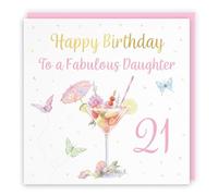 Hunts England - 21st Daughter Pink Cocktail And Butterflies Birthday Card - Gold Foil - Milo's Gallery - Age 21 Drinks, Flowers, Hearts Elegant Birthday Card For Daughter - Age Twenty One