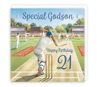 Hunts England - 21st Godson Cricket Birthday Card - Milo's Gallery - Age 21 Sport Fun Birthday Card For Godson - For 21 Year Old Cricket Fan - Age Twenty One