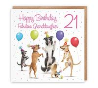 Hunts England 21st Granddaughter Birthday Card - Dancing Dogs - Fabulous Granddaughter - Age 21 - Women's 21st Birthday Card - Milo's Gallery - Funny