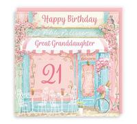 Hunts England - 21st Great Granddaughter La Petite Patisserie Birthday Card - Charming Pink Bakery, French Cafe Female Floral Design - Age 21 Happy Birthday Great Granddaughter Card - Milo's Gallery