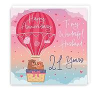 Hunts England - 21st Husband Hot Air Balloon Anniversary Card - Cute Bears Collection - Luxury 21st Anniversary Card For Husband - Romantic Husband 21st Anniversary Card - Champagne And Love Hearts