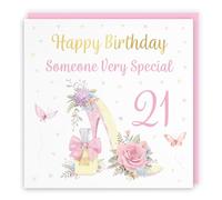 Hunts England - 21st Someone Very Special High Heel And Perfume Female Birthday Card - Gold Foil - Milo's Gallery - Age 21 Butterflies, Flowers, Hearts Pretty Birthday Card