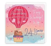 Hunts England - 24th Wife Hot Air Balloon Anniversary Card - Cute Bears Collection - Luxury 24th Anniversary Card For Wife - Romantic Wife 24th Anniversary Card - Champagne And Love Hearts