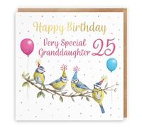 Hunts England - 25th Granddaughter Blue Tits Birthday Card - Gold Foil - Milo's Gallery - Age 25 Birds Funny Birthday Card For Granddaughter - For 25 Year Old - Age Twenty Five