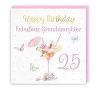 Hunts England - 25th Granddaughter Pink Cocktail And Butterflies Birthday Card - Gold Foil - Milo's Gallery - Age 25 Elegant Birthday Card For Granddaughter - Age Twenty Five