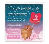 Hunts England - 26th Anniversary Card for Wife - Starry Night, Cute Bears, Romantic Poem