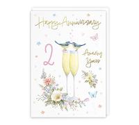 Hunts England - 2nd Anniversary Card For Him Or Her - A5 Size - Champagne Flutes - Gold Foil - 2nd Anniversary Card For Couples, Partner, Husband, Wife, etc. - Milo's Gallery