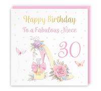 Hunts England - 30th Niece High Heel And Perfume Birthday Card - Gold Foil - Milo's Gallery - Age 30 Butterflies, Flowers, Hearts Pretty Birthday Card For Niece