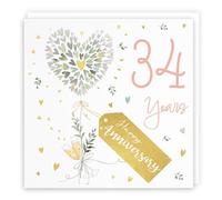 Hunts England - 34th Anniversary Card - 34 Years - Contemporary Hearts - Gold Foil - 34th Wedding Anniversary Card For Couples, Partner, Husband, Wife, etc. - Milo's Gallery