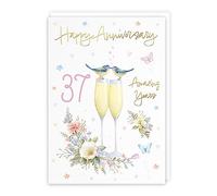 Hunts England - 37th Anniversary Card For Him Or Her - A5 Size - Champagne Flutes - Gold Foil - 37th Anniversary Card For Couples, Partner, Husband, Wife, etc. - Milo's Gallery