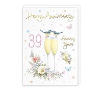 Hunts England - 39th Anniversary Card For Him Or Her - A5 Size - Champagne Flutes - Gold Foil - 39th Anniversary Card For Couples, Partner, Husband, Wife, etc. - Milo's Gallery