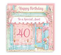 Hunts England - 40th Aunt La Petite Patisserie Birthday Card - Charming Pink Bakery, Pretty French Cafe Female Floral Design - Age 40 Happy Birthday Aunt Card - Milo's Gallery