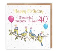 Hunts England - 40th Daughter In Law Blue Tits Birthday Card - Gold Foil - Milo's Gallery - Age 40 Birds Funny Birthday Card For Daughter-in-Law - For 40 Year Old - Age Forty