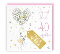 Hunts England - 40th Friend Contemporary Hearts Female Fabulous Birthday Card - Gold Foil - Milo's Gallery - Age 40 Champagne, Hearts Pretty Birthday Card For Friend - Pink Envelope