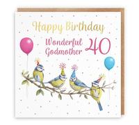 Hunts England - 40th Godmother Blue Tits Birthday Card - Gold Foil - Milo's Gallery - Age 40 Wildlife Funny Birthday Card For Godmother - For 40 Year Old Animal Fan - Age Forty