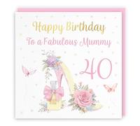 Hunts England - 40th Mummy High Heel And Perfume Birthday Card - Gold Foil - Milo's Gallery - Age 40 Butterflies, Flowers, Hearts Pretty Birthday Card For Mummy - Age Forty