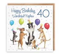 Hunts England - 40th Nephew Birthday Card - Dancing Dogs - Wonderful Nephew - Age 40 - Funny Men's 40th Birthday Card - Milo's Gallery - Age Forty