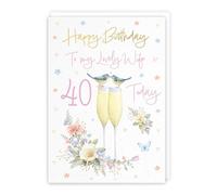 Hunts England - 40th Wife Champagne Flutes Birthday Card - Gold Foil - Milo's Gallery - Age 40 Butterflies, Hearts, Flowers Pretty Birthday Card For Wife - Age Forty - A5 Size