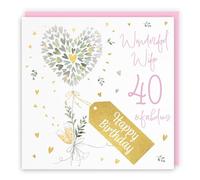 Hunts England - 40th Wife Contemporary Hearts Birthday Card - Gold Foil - Milo's Gallery - Age 40 Champagne, Hearts Pretty Birthday Card For Wife - Age Forty - Fabulous Pink Envelope