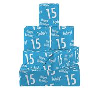Hunts England - 5 Sheets Of 15th Birthday Blue Fun Wrapping Paper For Boy - Includes 5 Gift Tags - Age 15 Male Folded Gift Wrap - Urban Colour Collection - Age Fifteen Gift Wrap For Boys