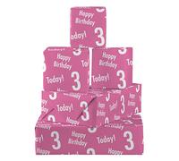Hunts England - 5 Sheets Of 3rd Birthday Pink Fun Wrapping Paper For Girl - Includes 5 Gift Tags - Age 3 Female Folded Gift Wrap - Urban Colour Collection - Age Three Gift Wrap For Girls