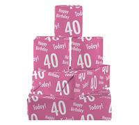 Hunts England - 5 Sheets Of 40th Birthday Pink Fun Wrapping Paper For Her - Includes 5 Gift Tags - Age 40 Female Folded Gift Wrap - Urban Colour Collection - Age Forty Gift Wrap For Women