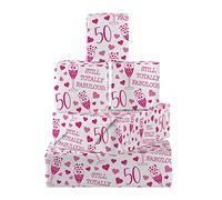 Hunts England - 5 Sheets Of 50th Birthday Female Fun Wrapping Paper - Includes 5 Gift Tags - Age 50 Folded Gift Wrap For Her - Still Totally Fabulous Collection - Pink Age Fifty Gift Wrap