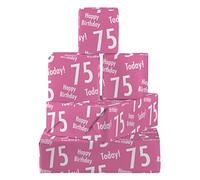 Hunts England - 5 Sheets Of 75th Birthday Pink Fun Wrapping Paper For Women - Includes 5 Gift Tags - Age 75 Female Folded Gift Wrap - Urban Colour Collection - Age Seventy Five Gift Wrap For Her