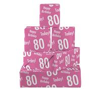 Hunts England - 5 Sheets Of 80th Birthday Pink Fun Wrapping Paper For Her - Includes 5 Gift Tags - Age 80 Female Folded Gift Wrap - Urban Colour Collection - Age Eighty Gift Wrap For Women