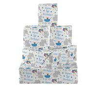 Hunts England - 5 Sheets Of Baby Boy 1st Birthday Fun Wrapping Paper - Includes 5 Gift Tags - Age 1 Male Folded Gift Wrap For Boy - Iconic Collection - Age One Blue Gift Wrap With Cute Elephants