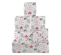 Hunts England - 5 Sheets Of Baby Girl 1st Birthday Fun Wrapping Paper - Includes 5 Gift Tags - Age 1 Female Folded Gift Wrap For Girl - Iconic Collection - Age One Pink Gift Wrap With Elephants