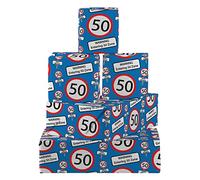 Hunts England - 5 Sheets Of Funny 50th Birthday Fun Wrapping Paper - Blue - Includes 5 Gift Tags - Age 50 Folded Gift Wrap For Him/Her - Road Sign Collection - Age Fifty Gift Wrap