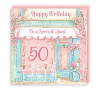 Hunts England - 50th Aunt La Petite Patisserie Birthday Card - Charming Pink Bakery, Pretty French Cafe Female Floral Design - Age 50 Happy Birthday Aunt Card - Milo's Gallery